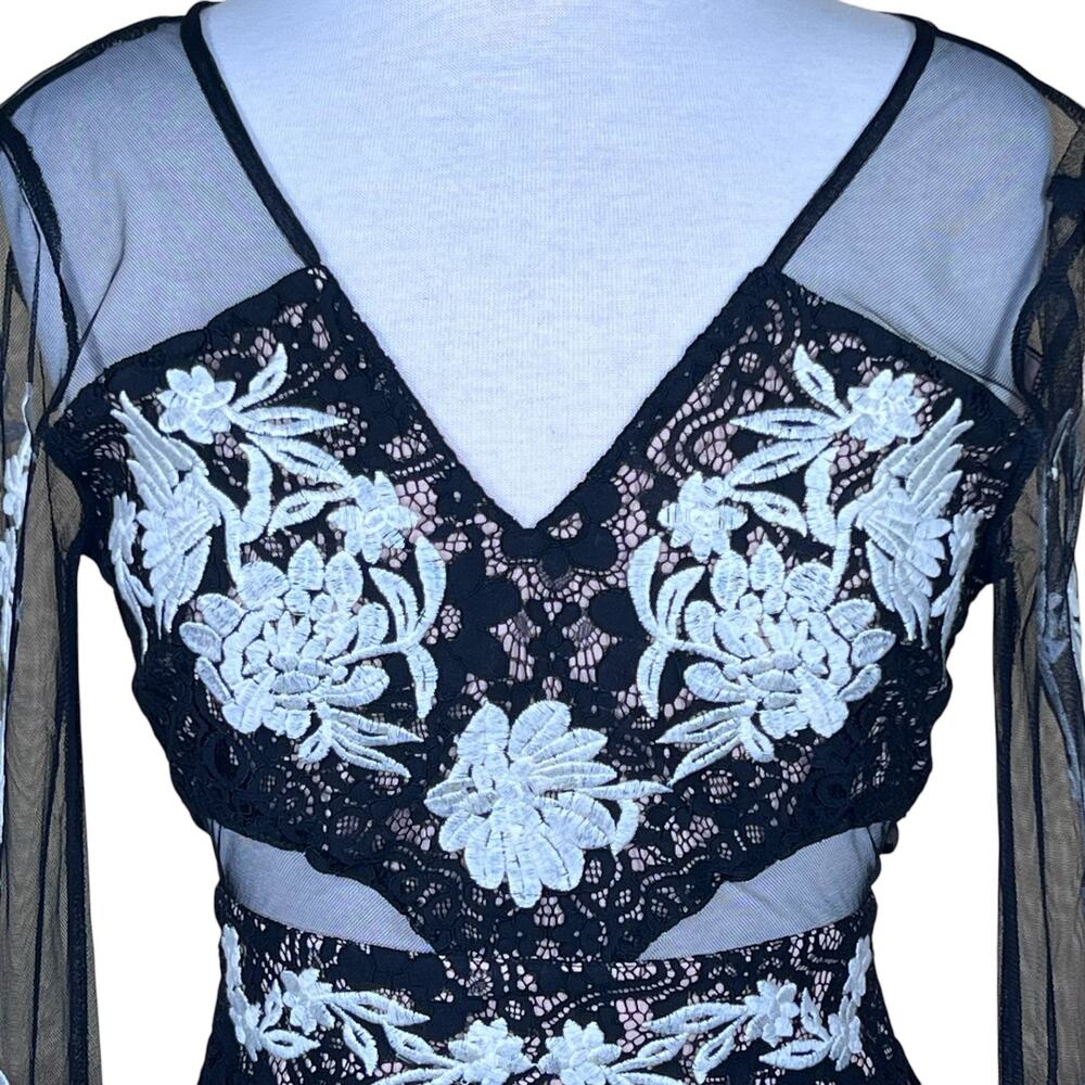Sugar + Lips Black Sheer Lace Dress with Sheer Cut-Outs & Embroidery XS NWT - Picture 2 of 16